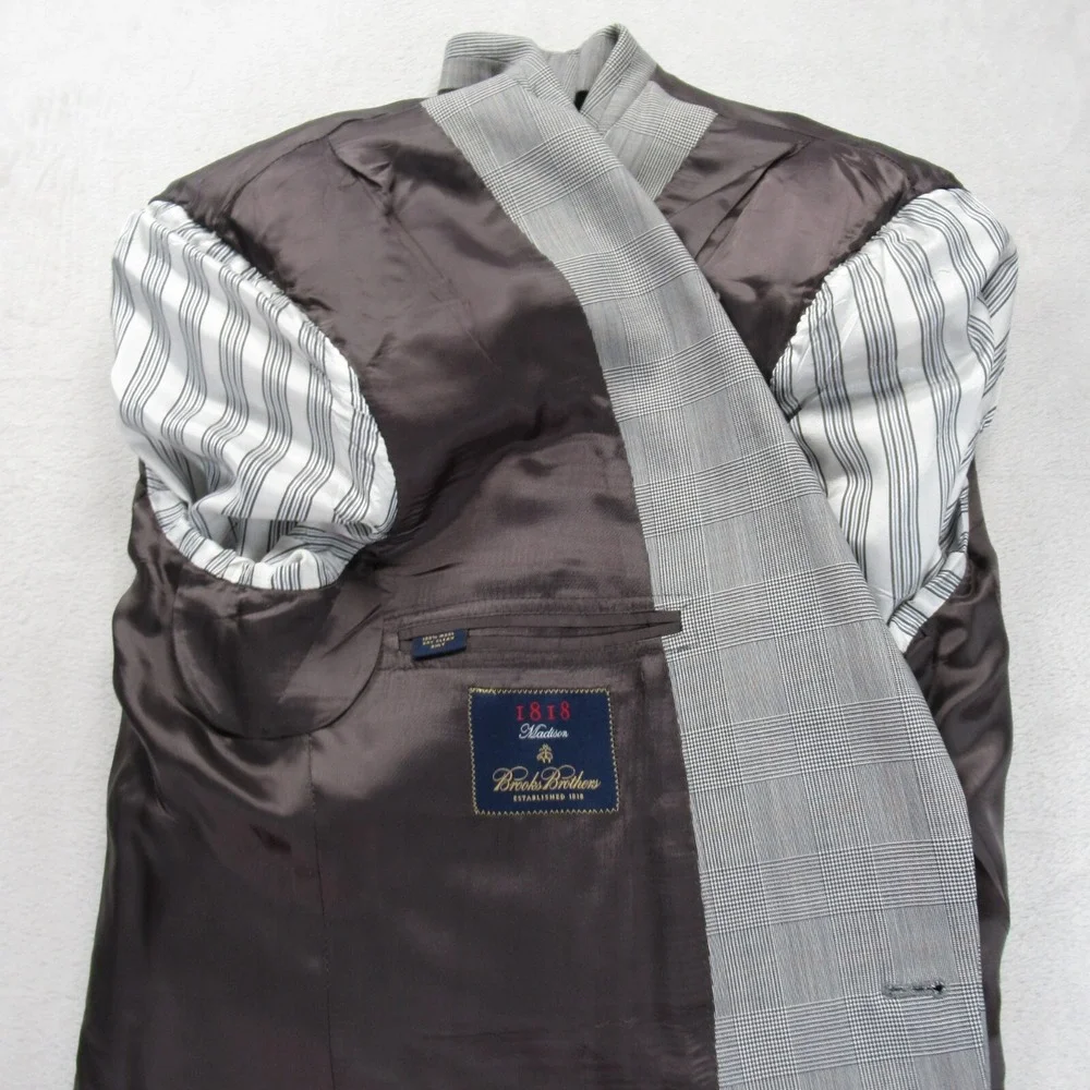 Brooks Brothers Loro Piana Wool Madison Blazer Men 47L White Black Plaid 1818